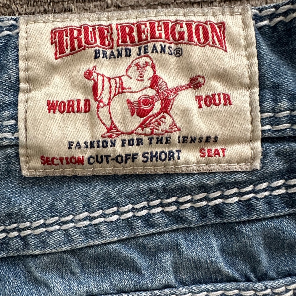 True Religion,Denim, Red/White Stitch, Cut Off Short, Size 36. 100% Cotton.